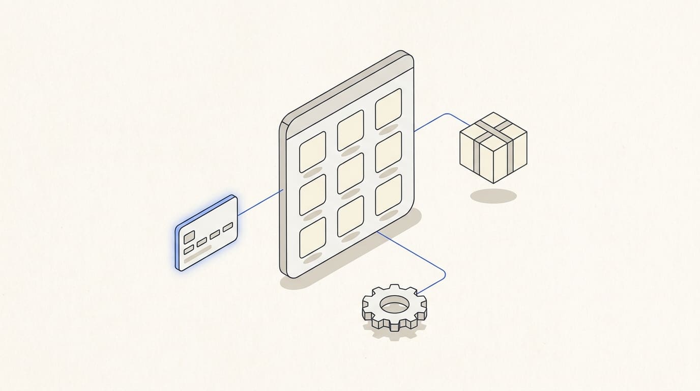 An online-store catalog, payment card, parcel and maintenance gear connected by lines.