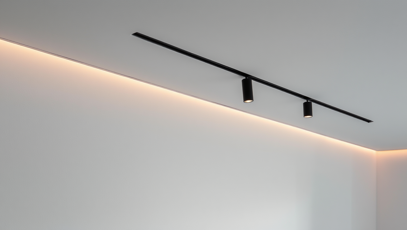 Белый матовый натяжной потолок с теневым профилем, черной магнитной трековой системой освещения и точечными светильниками в современном интерьере