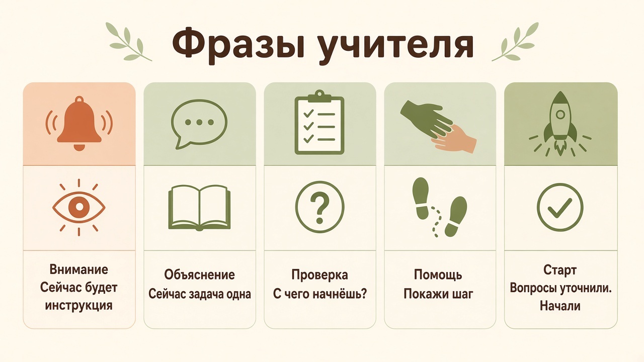 Пять групп фраз учителя: внимание, объяснение, проверка, помощь, старт