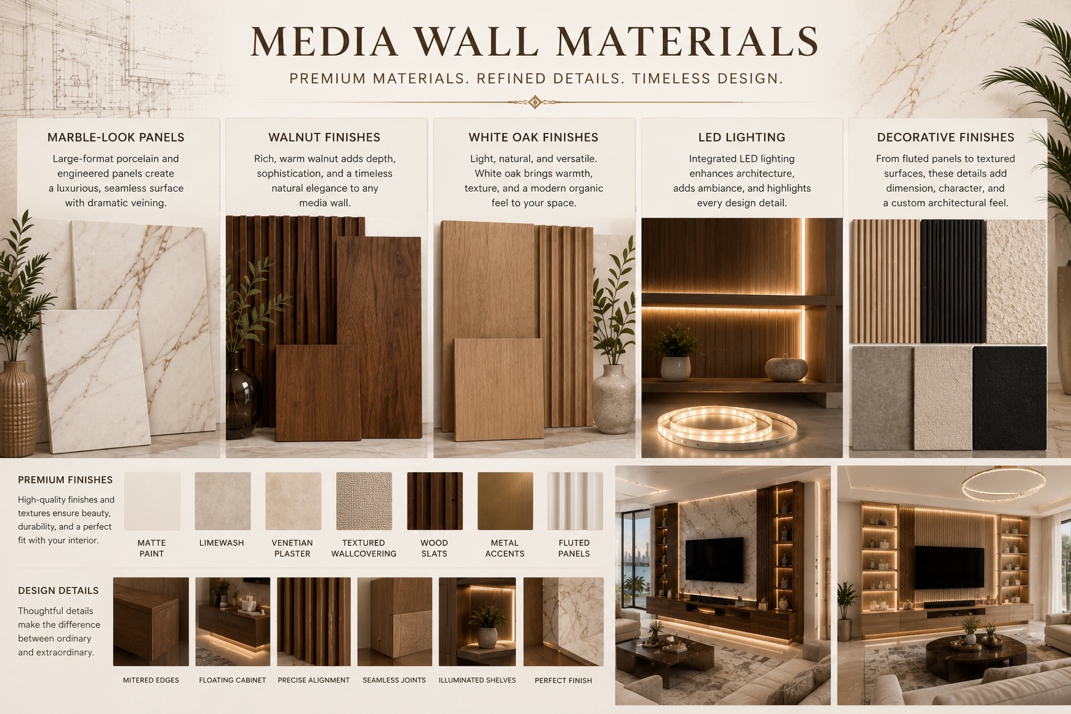 Materials board showcasing marble-look panels, walnut veneers, white oak finishes, integrated LED lighting, and premium decorative wall materials for custom media walls.
