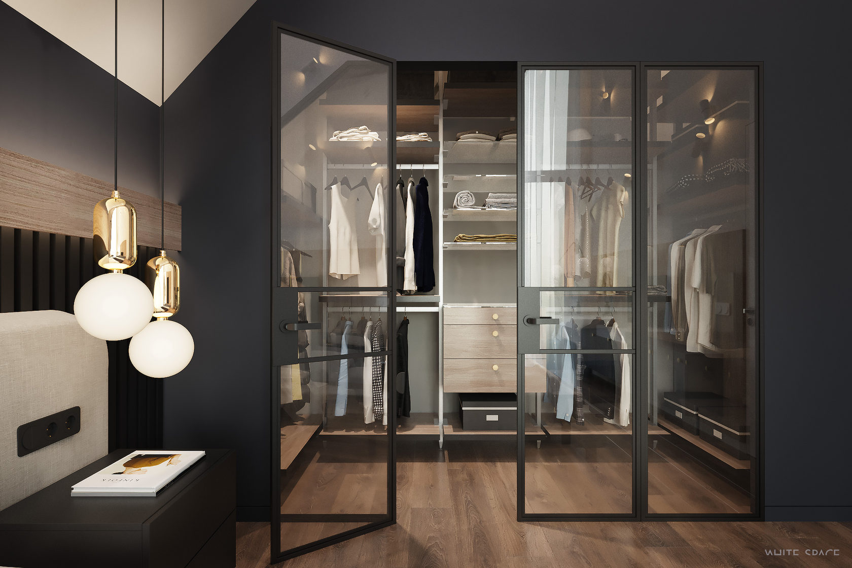Dressing attenant à la chambre avec portes vitrées encadrées de métal noir
