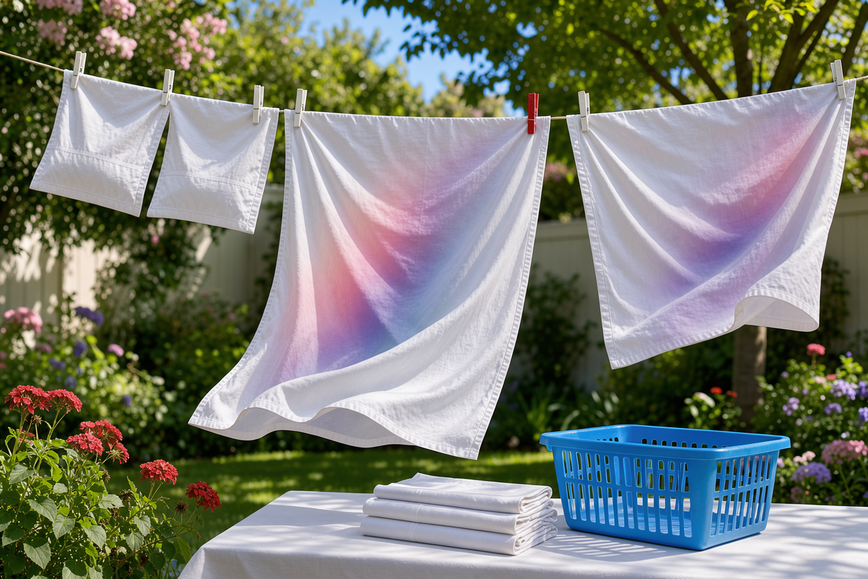 Air-drying bed linen on a clothesline outside in a shaded garden, sheets fluttering gently, natural daylight, no visible branding