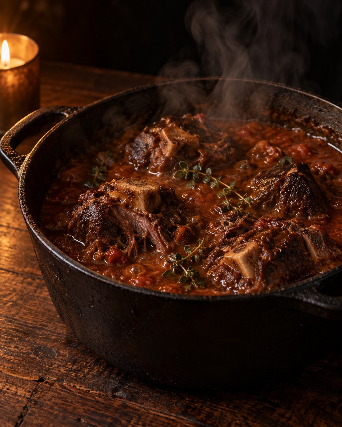 Oxtail braising in a red wine and tomato sauce with oregano, the meat beginning to fall from the bone