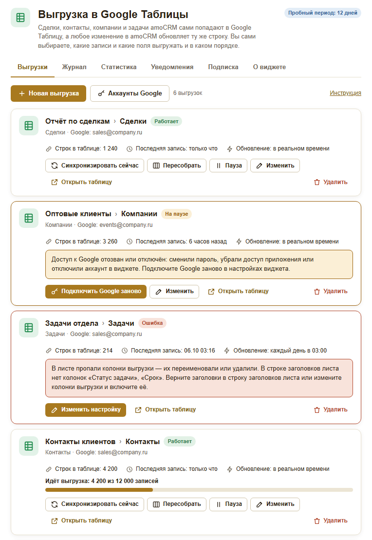 Вкладка «Выгрузки» виджета: карточки выгрузок со статусами «Работает», «На паузе» и «Ошибка», число строк в таблице и время последней записи