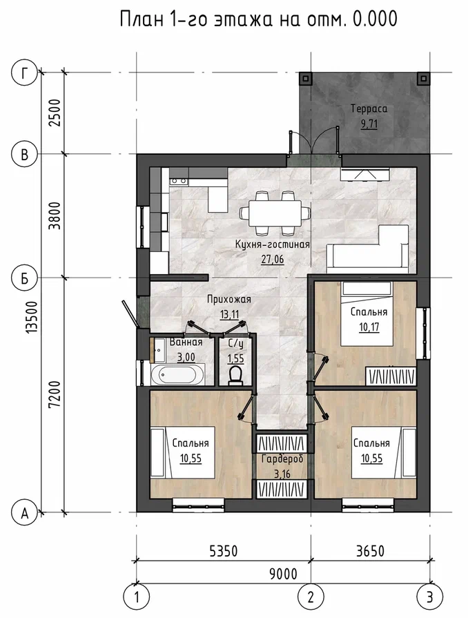 Планировка одноэтажного дома с тремя спальнями, гардеробной, двумя спальнями, кухней-гостиной и террасой