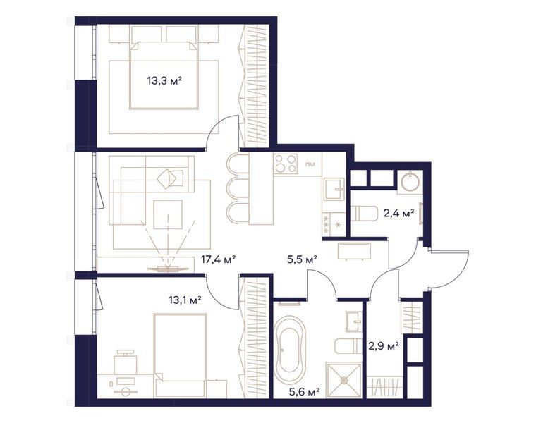 Планировка 2-комнатной квартиры 60,7 м² в ЖК «СОЮЗ»: дом 1, 4-й этаж