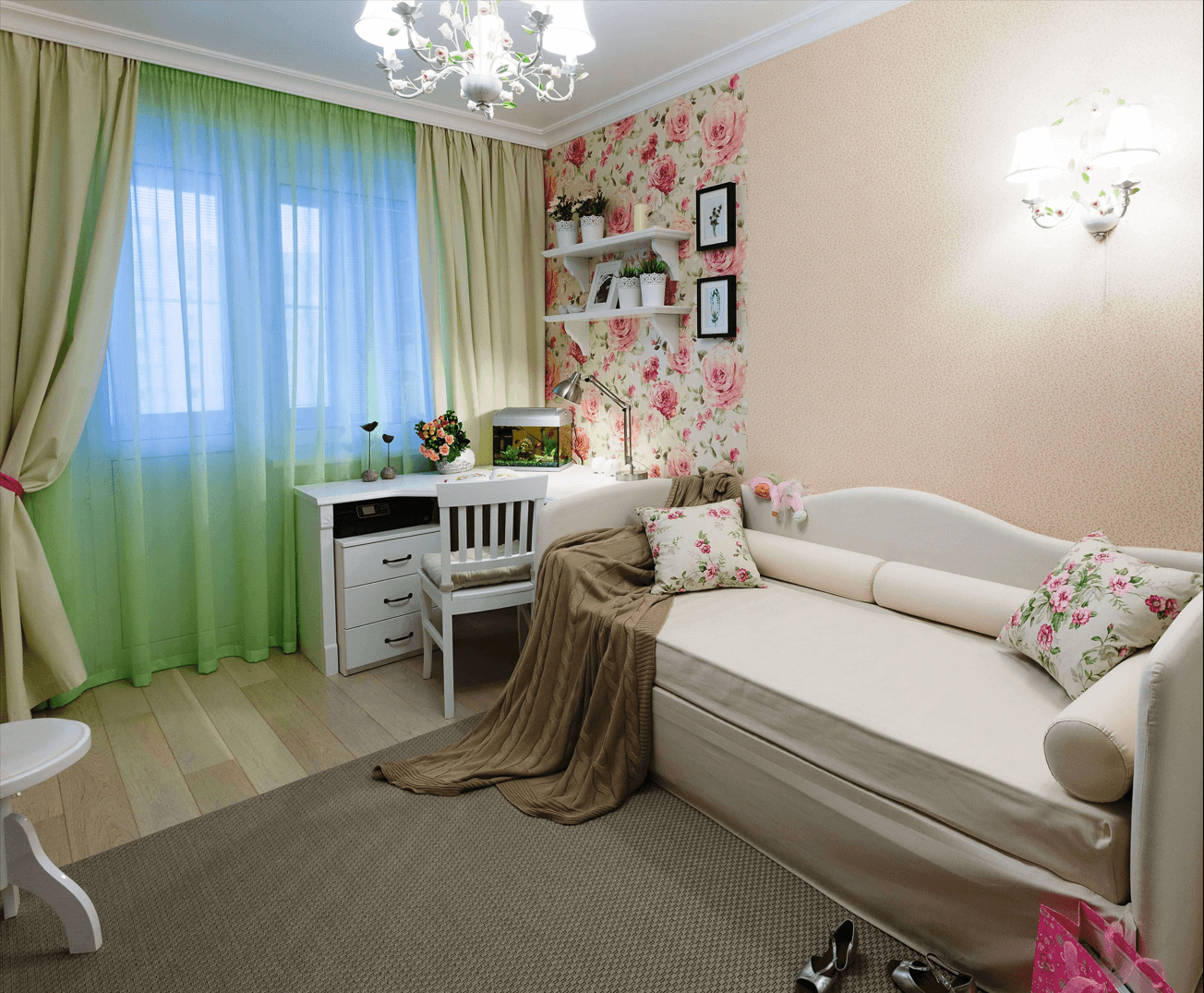 Бутово - Дизайн интерьера спальня, кровать, стол, стул, светильники