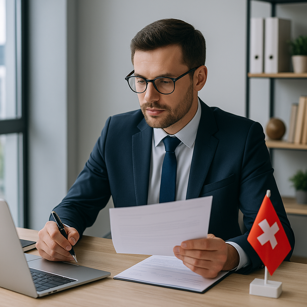 Empresario revisando documentos contables suizos con el Lago Zug y la bandera suiza de fondo