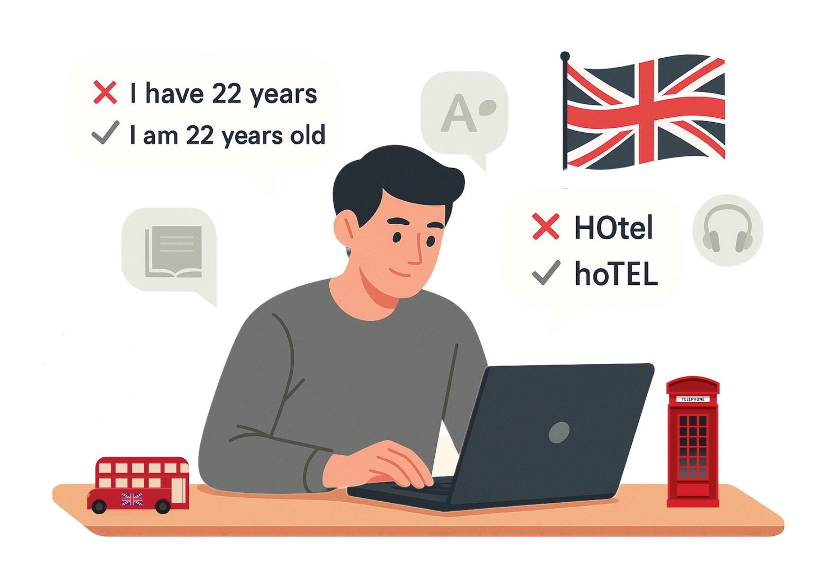 Студент учит английский за ноутбуком с подсказками типичных ошибок: I have 22 years vs I am 22 years old, HOtel vs hoTEL, британский флаг