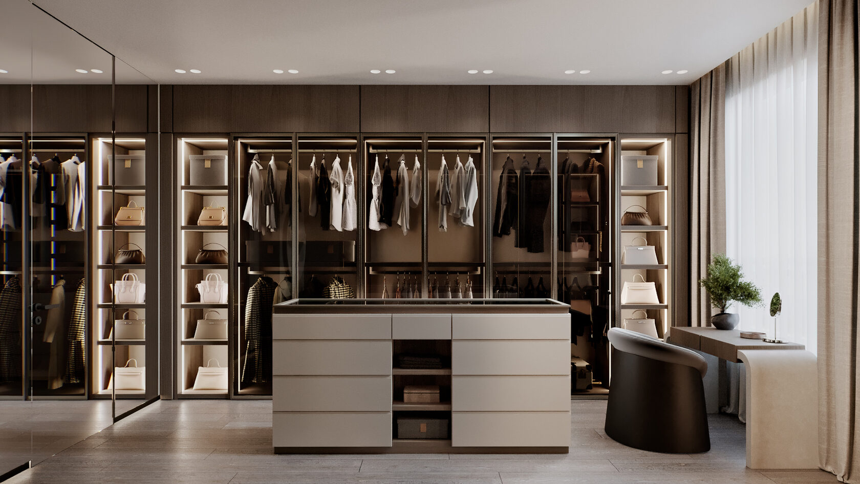 Дизайн интерьера гардероба в минималистичном стиле, с использованием натуральных оттенков