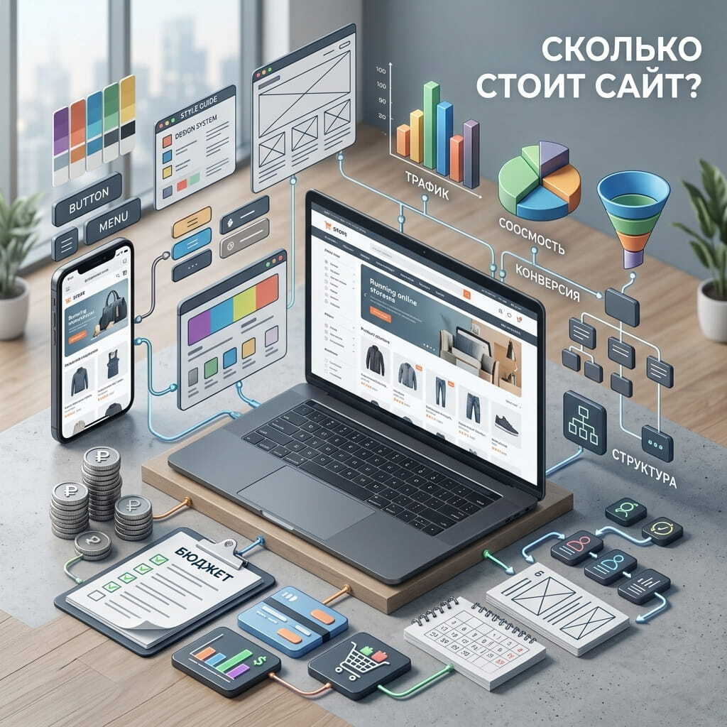 Детальная инфографика, визуализирующая факторы, влияющие на стоимость разработки и поддержки сайта, в виде взаимосвязанной цифровой экосистемы.