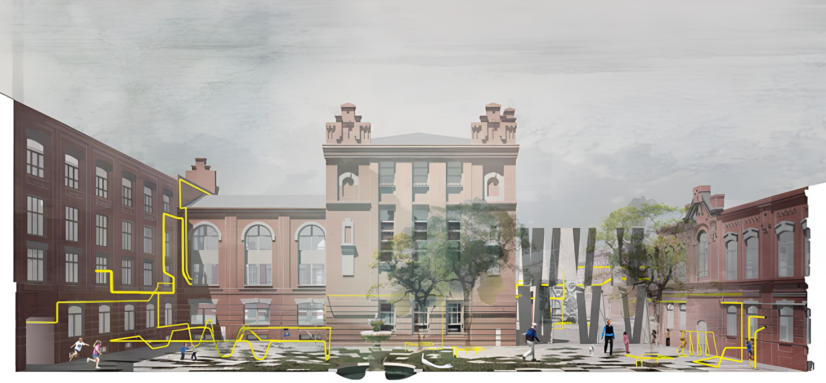 Renovation of the Kristall Factory. Square with a fountain