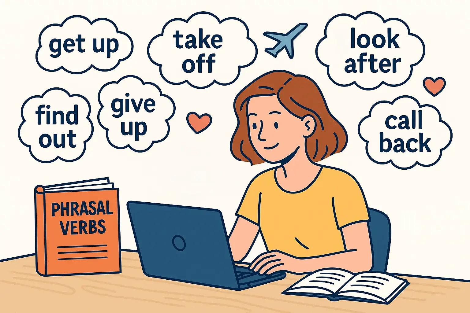 Горизонтальная иллюстрация в мультяшном стиле: студент за ноутбуком изучает английский, вокруг появляются карточки с фразовыми глаголами get up, take off, look after, call back, give up, find out