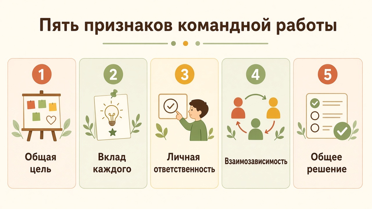 Пять признаков командной работы: общая цель, вклад каждого, личная ответственность, взаимозависимость, общее решение