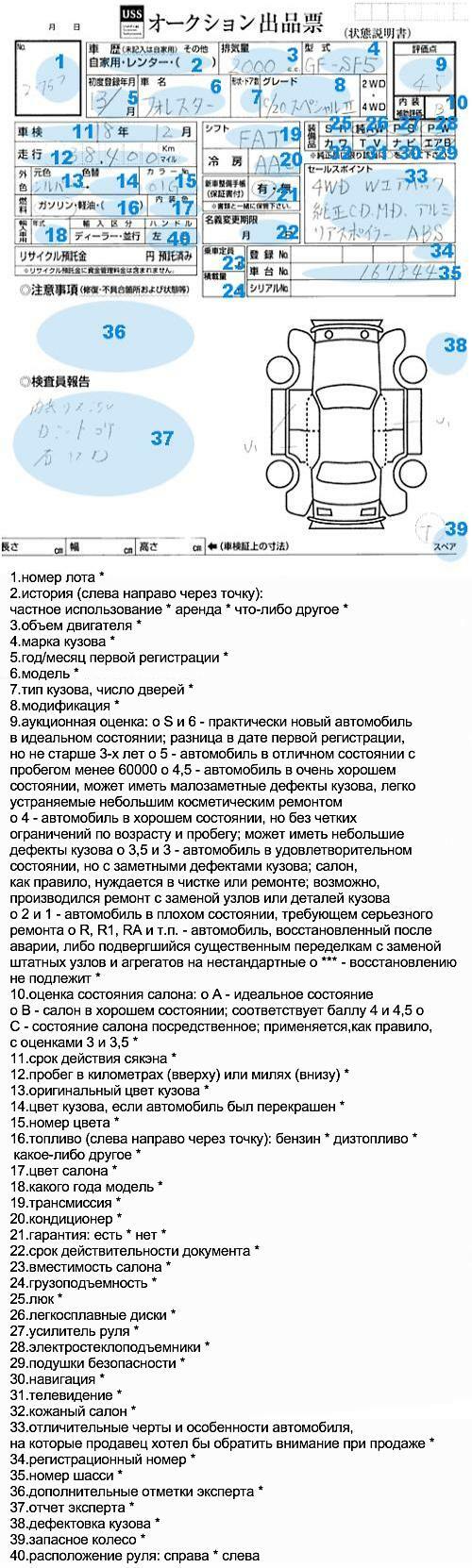 Аукционный лист расшифровка на русском языке схеме