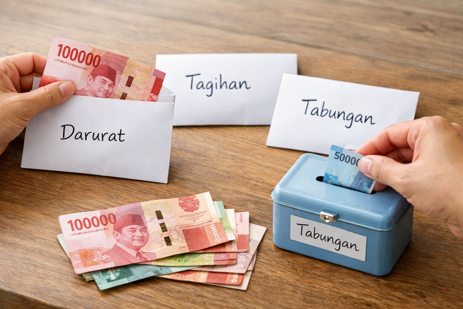 Pembagian uang bulanan ke pos darurat, tagihan, dan tabungan untuk mengatur keuangan pribadi