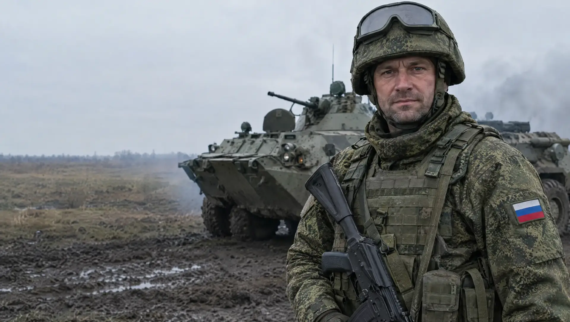Военнослужащий в полевой форме и шлеме у бронетранспортёра