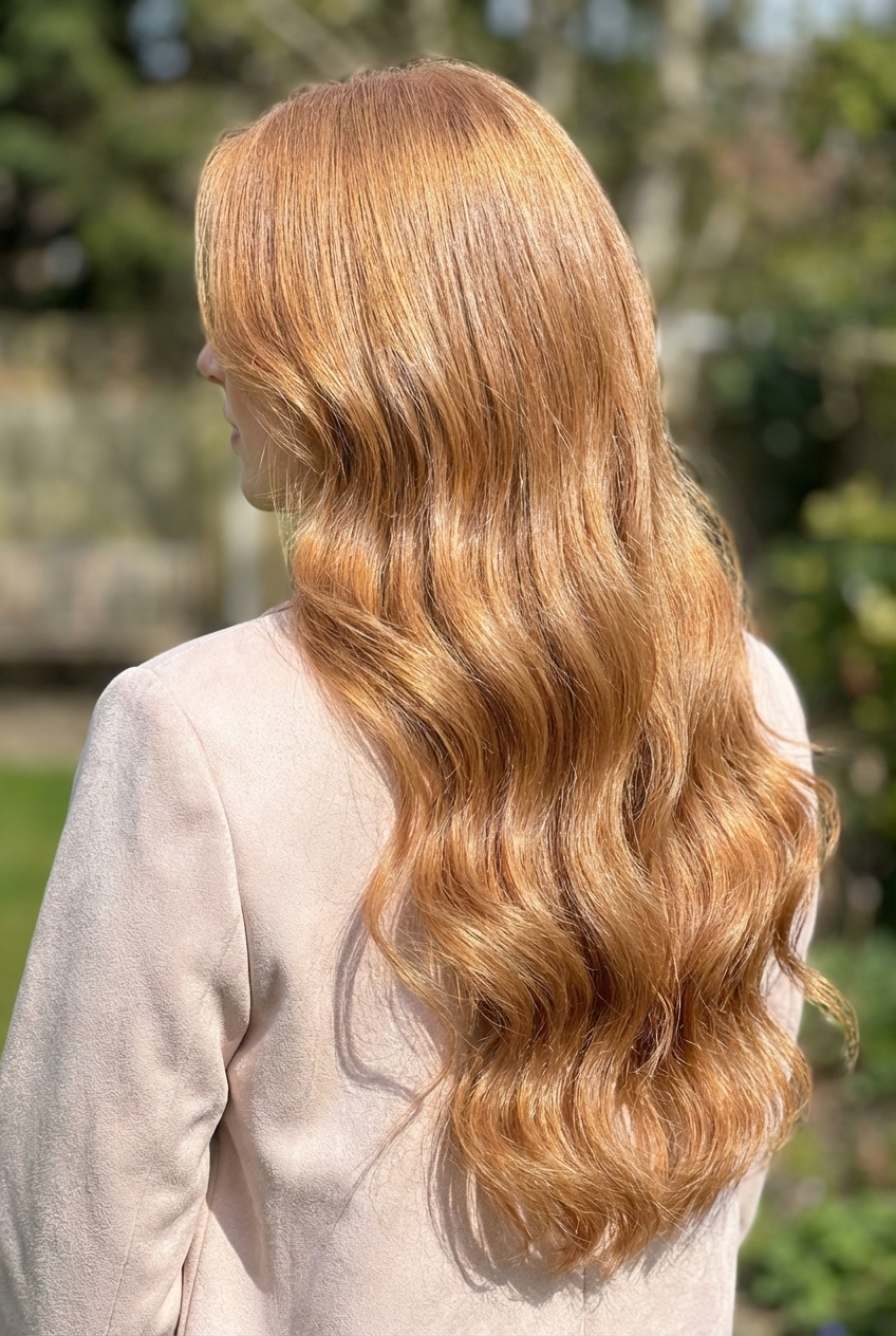 Карамельный блонд на волосах средней длины с мягкими переливами  