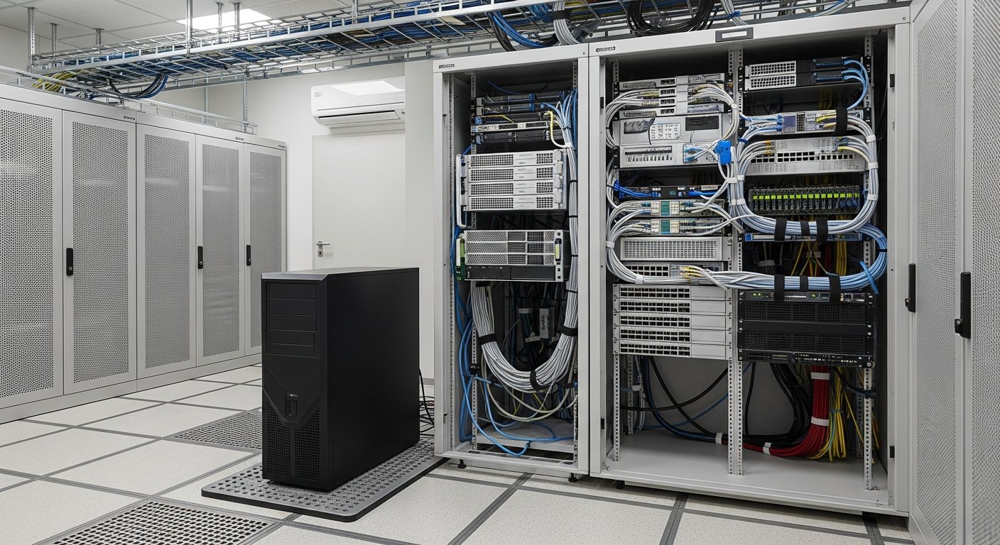 Серверный корпус tower и rack-сервер: интерьер офисной серверной с оборудованием