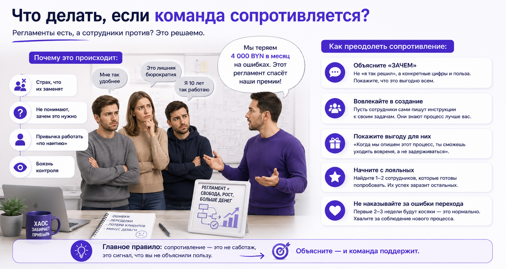 Как преодолеть сопротивление команды при внедрении бизнес-процессов: 5 шагов для объяснения пользы регламентов сотрудникам