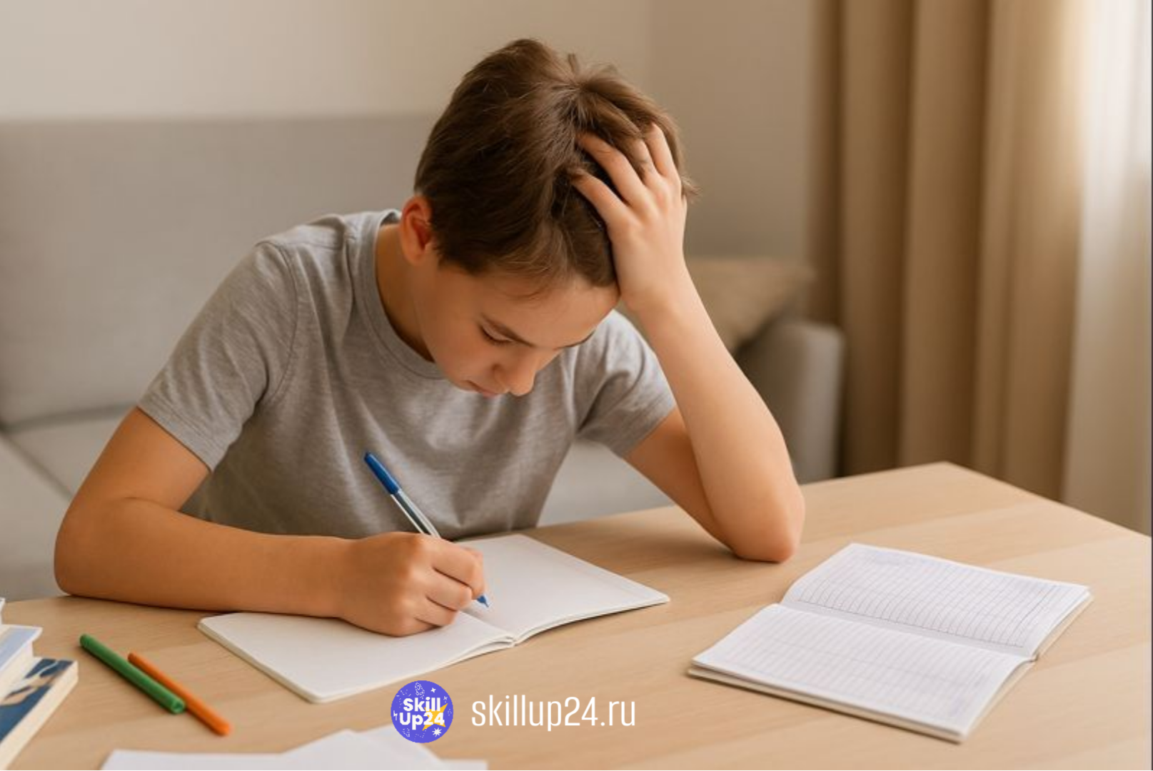 Уставший школьник сидит за письменным столом и делает уроки в конце четверти, открытая тетрадь и ручка, лёгкий беспорядок на столе, мягкий дневной свет создаёт спокойную атмосферу ответственности и возможности всё исправить — обложка статьи онлайн школы S
