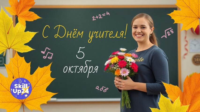 Поздравление с Днём учителя 5 октября — онлайн-школа SkillUp24 благодарит педагогов за их труд и вклад в образование. Индивидуальные занятия для школьников с 1 по 11 класс, подготовка к ОГЭ и ЕГЭ
