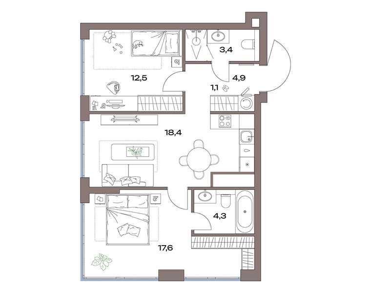 Планировка: 2-комнатная с европланировкой 63,4 м² в ЖК «Акценты», корпус 12, 7-й этаж