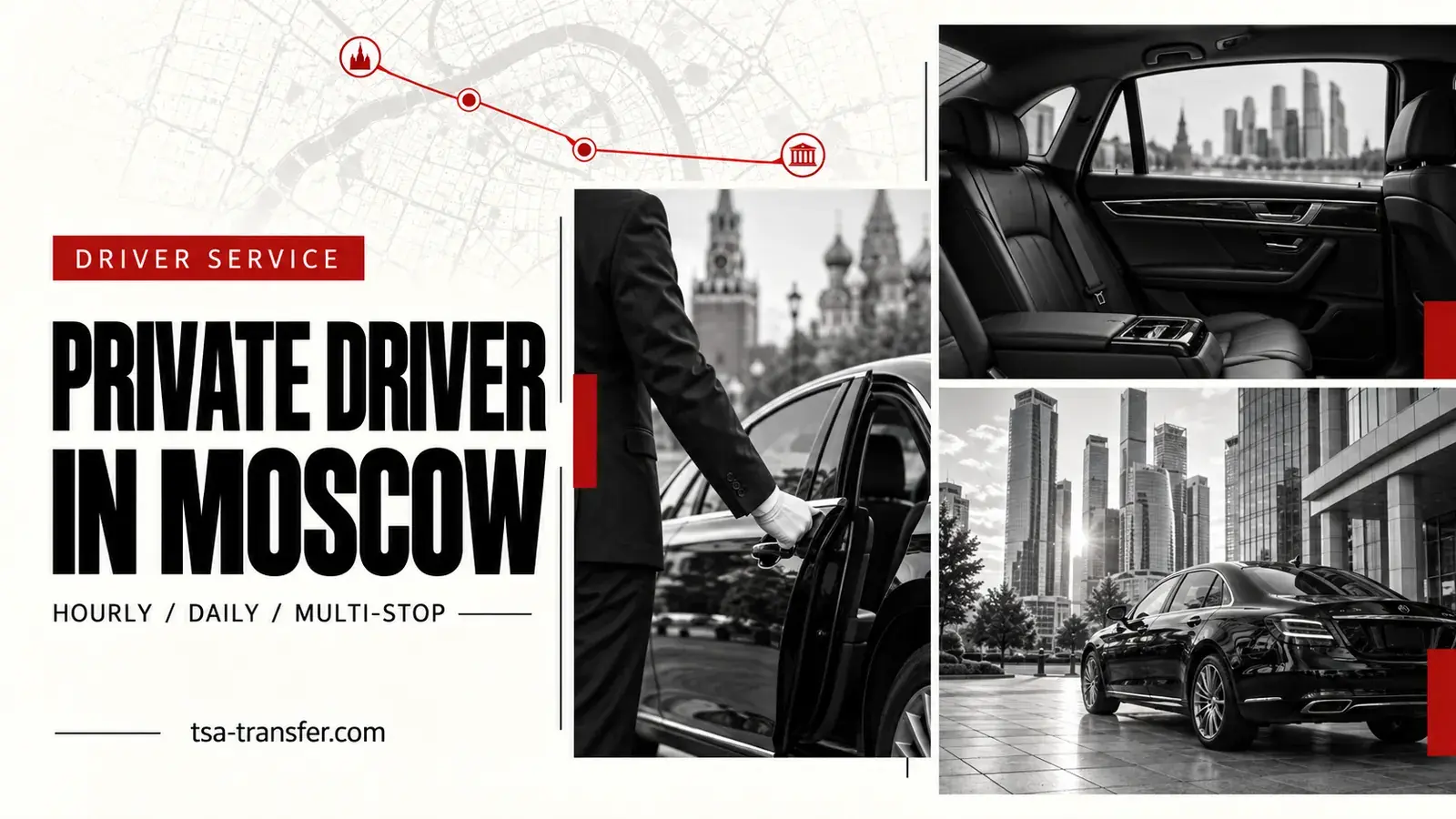 A professional private driver opening an executive car in central Moscow