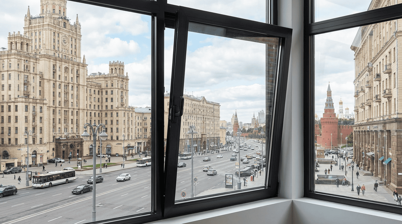 Панорамные пластиковые окна в светлой гостиной, подчеркивающие современный дизайн квартиры в 2026 году.