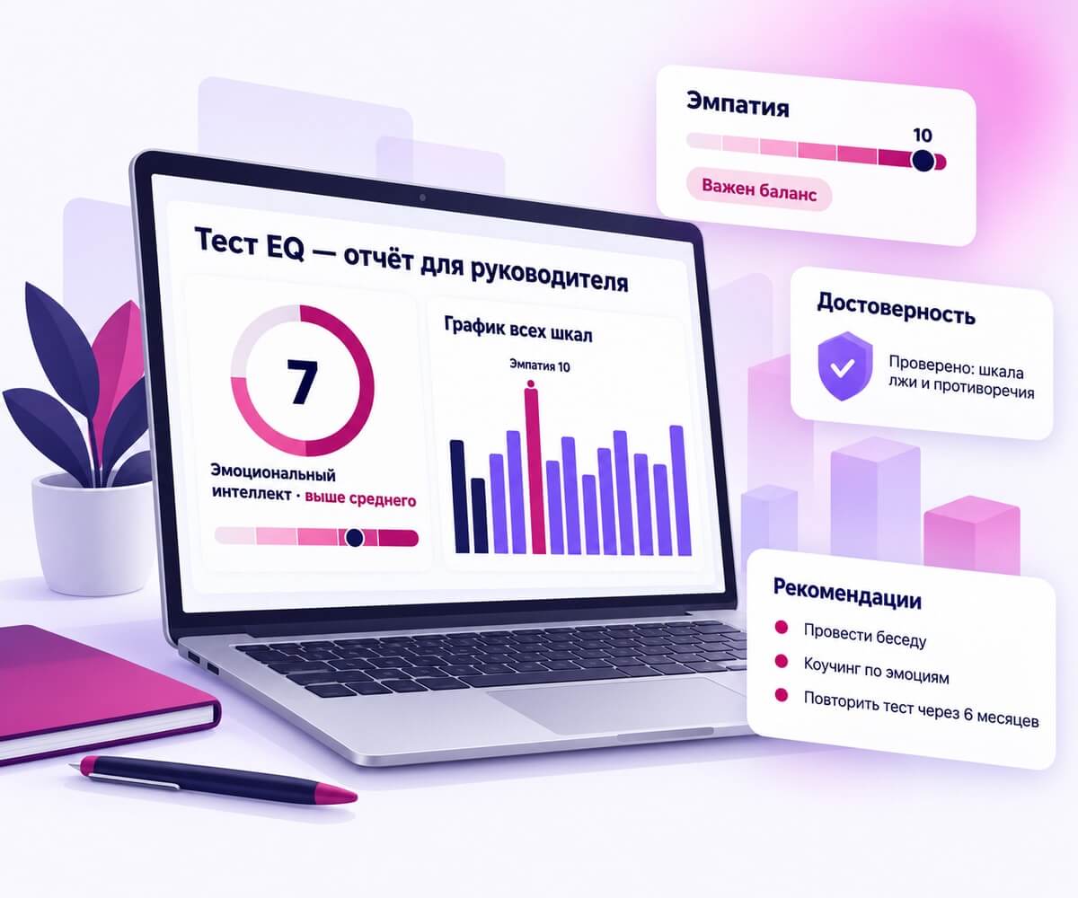 Ноутбук с отчётом теста EQ для руководителя: итоговый уровень эмоционального интеллекта, график всех шкал и карточки «Эмпатия», «Достоверность» и «Рекомендации»