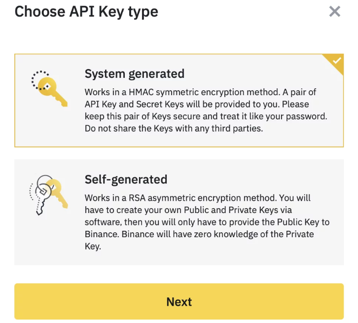 Binance API example: Create API section