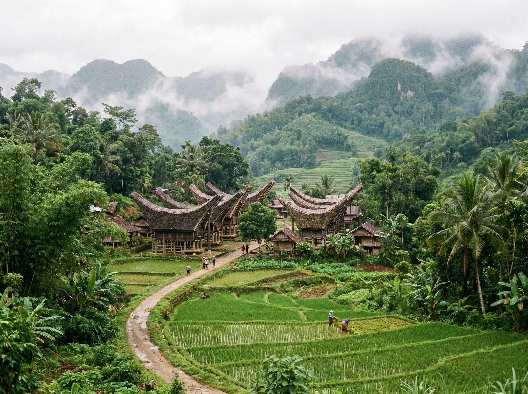 Lanskap budaya Toraja dengan Tongkonan, sawah, dan bukit hijau Sulawesi