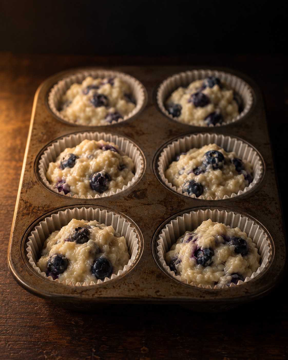 A muffin tin lined with paper cups filled with lumpy blueberry batter, ready for the oven