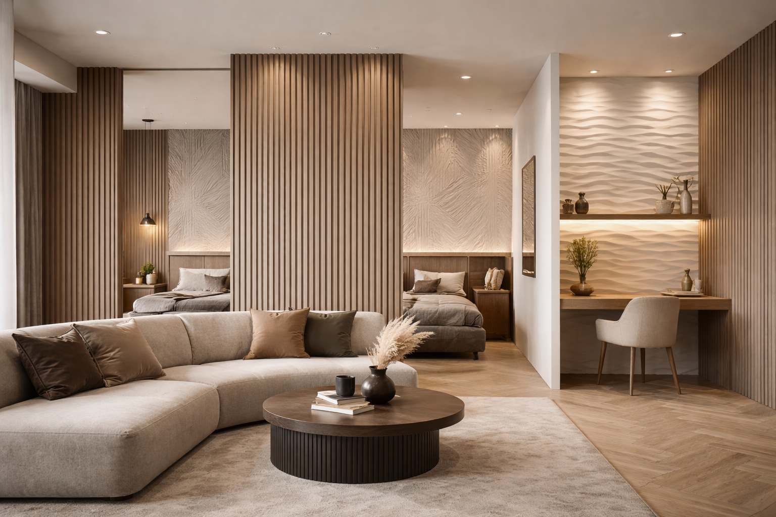 Зонирование пространства в интерьере с помощью рельефных стеновых панелей: гостиная, спальня и рабочая зона в одном помещении