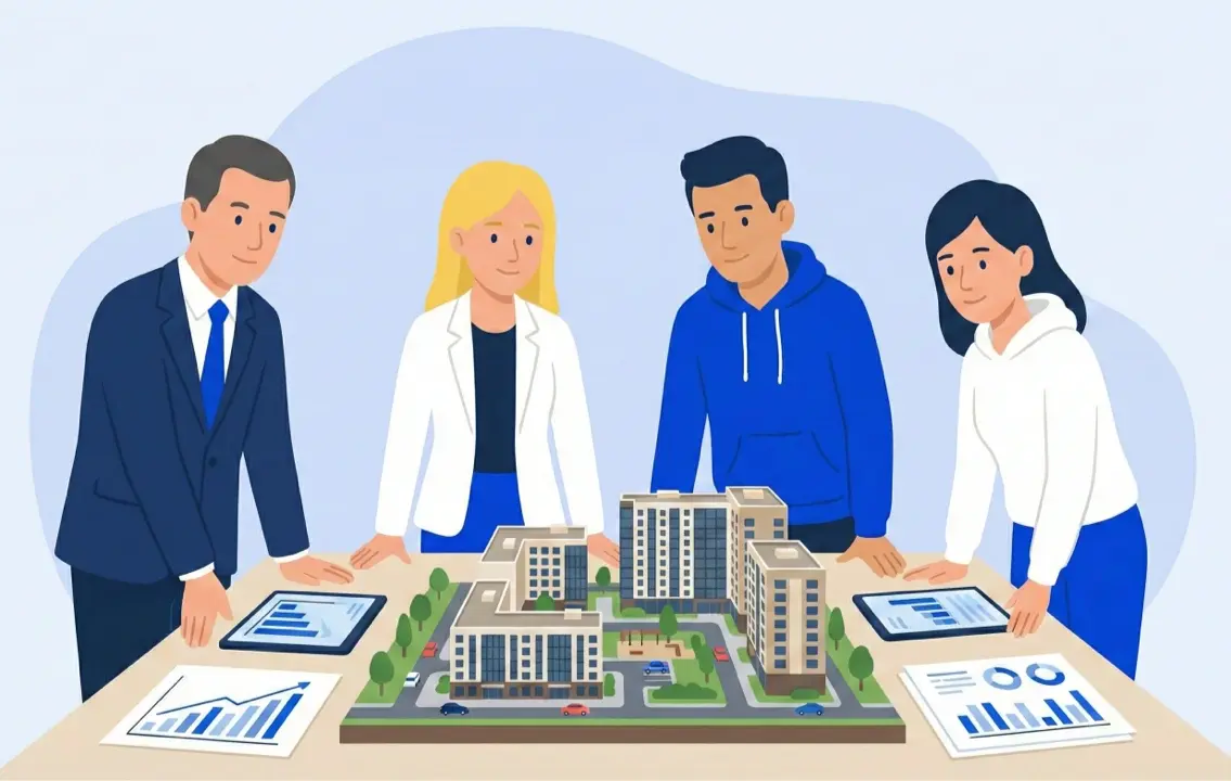 Команда специалистов обсуждает макет жилого комплекса и анализирует графики продаж на планшетах