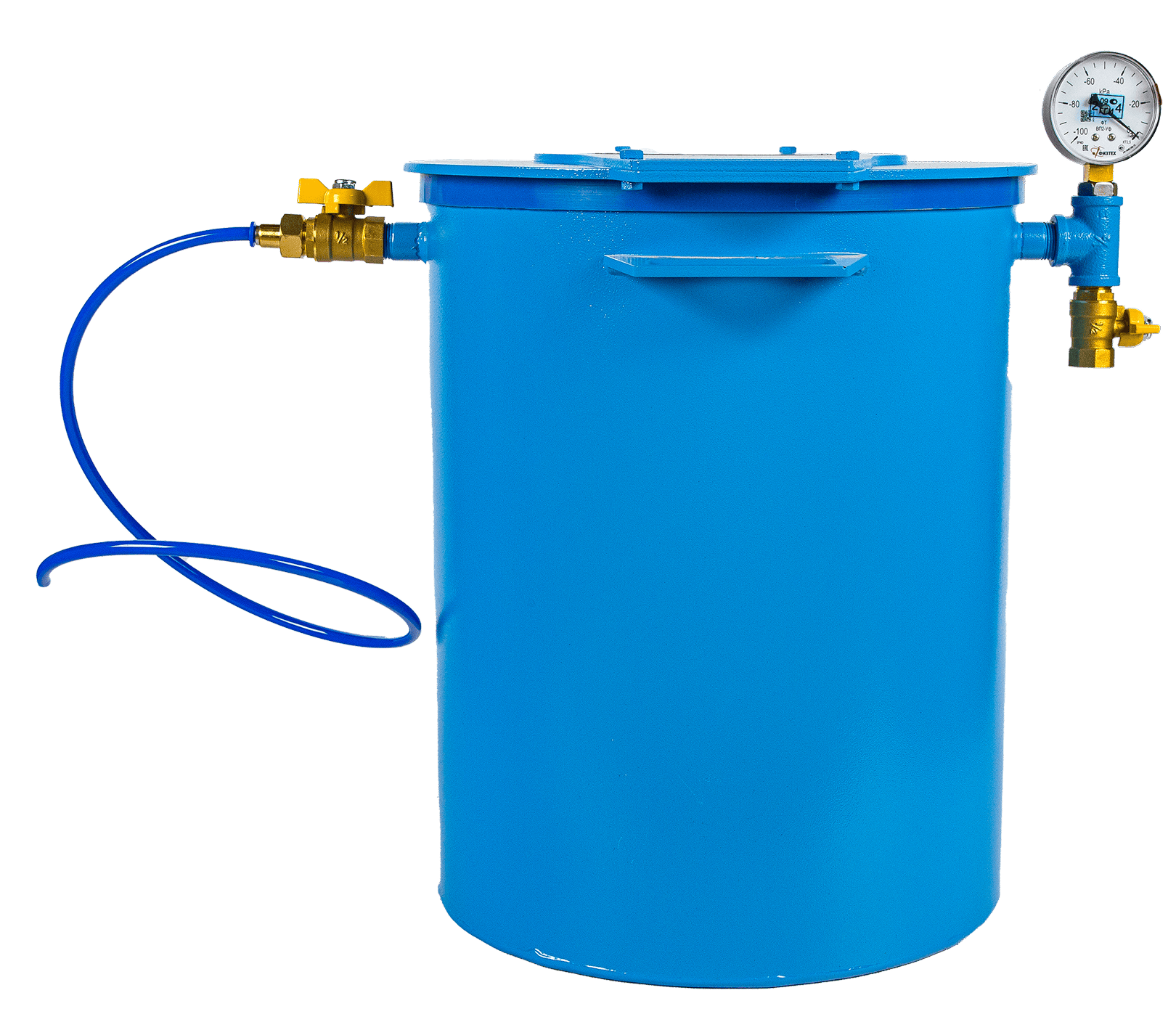 Цилиндрическая вакуумная камера из синей стали с манометром и шлангом, используется для дегазации смол и силиконов