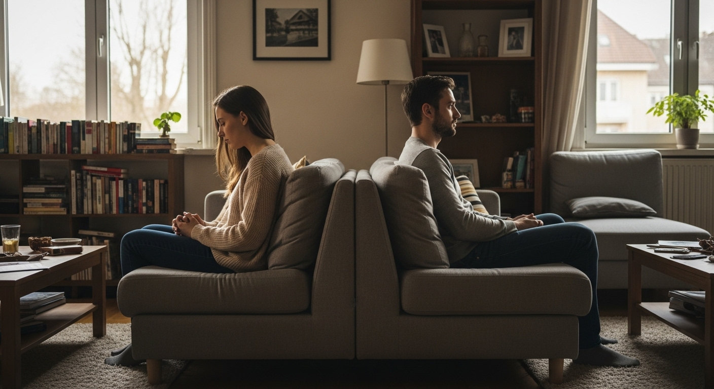 Пара переживает эмоциональную дистанцию сидя на диване в гостиной демонстрируя признаки кризиса в отношениях и необходимость обращения к семейному психологу