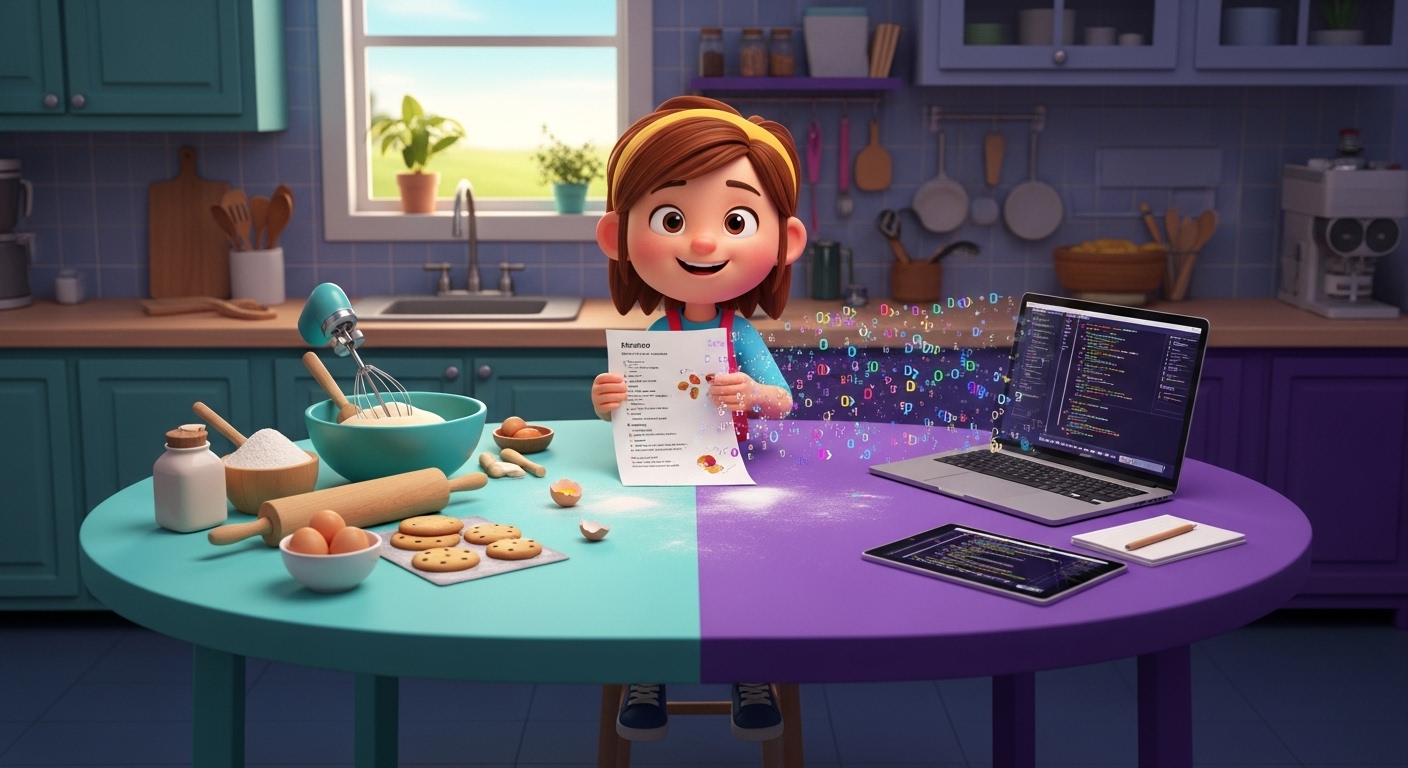 Объясняем, что такое код для детей: ребенок сравнивает рецепт печенья с программным кодом на ноутбуке, показывая основы программирования.