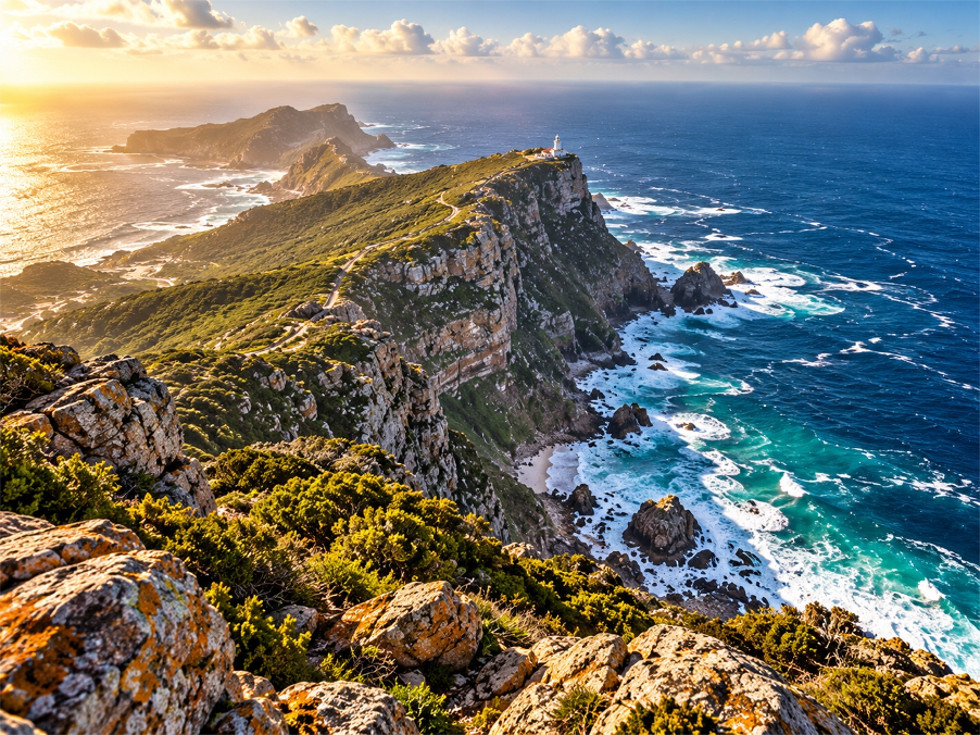 Cape Point после океанского перехода: сверху видишь уже не просто Атлантику, а собственный маршрут. Фотореалистичная визуализация.