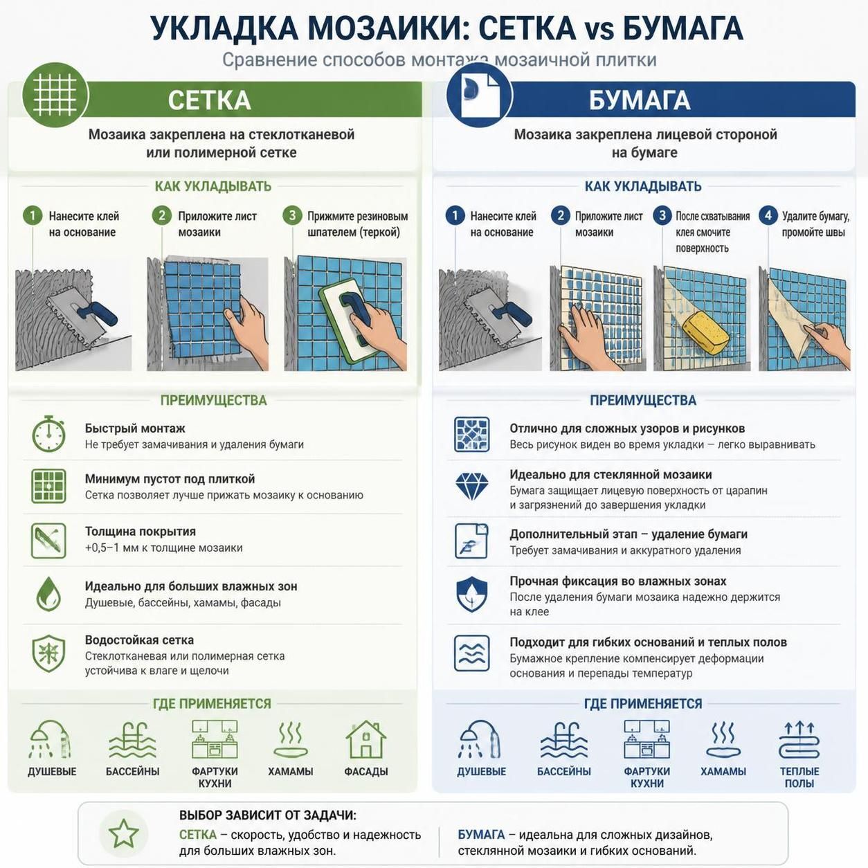 Сравнение способов укладки мозаики на сетке и на бумаге