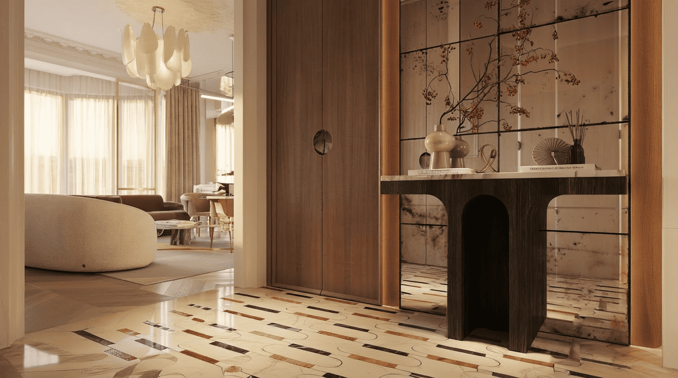 Прихожая в современной квартире с дизайнерским ремонтом: на полу цветная мраморная плитка, у стены стоит черная консоль, а за ней — зеркальное панно с узором.