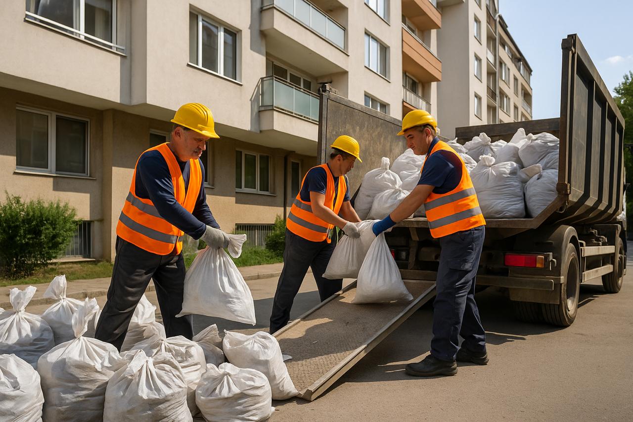 извозване на отпадъци след къртене на баня – двама работници товарят строителни чували в камион, професионална услуга кърти чисти извозва