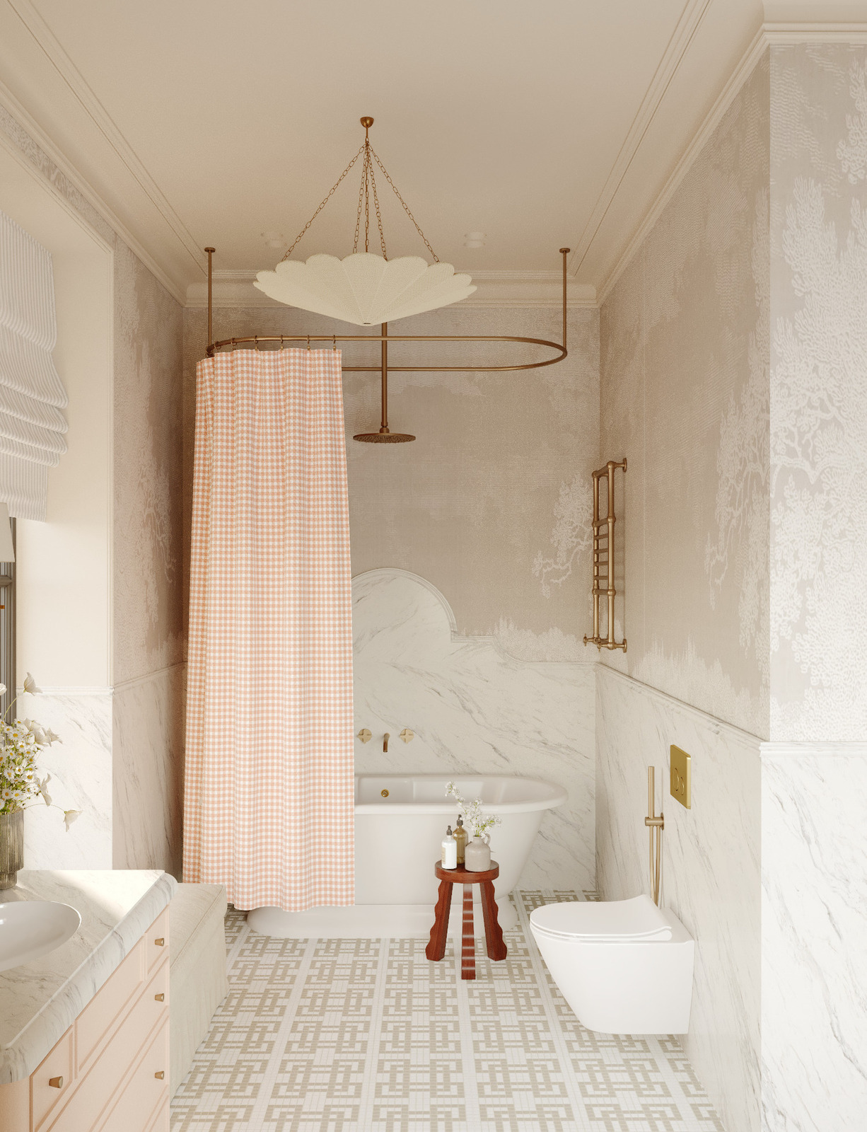 Санузел дочери с мозайкой Bisazza и обоями для влажных помещений в интерьере загородного дома дизайнера Екатерины Фёдоровой