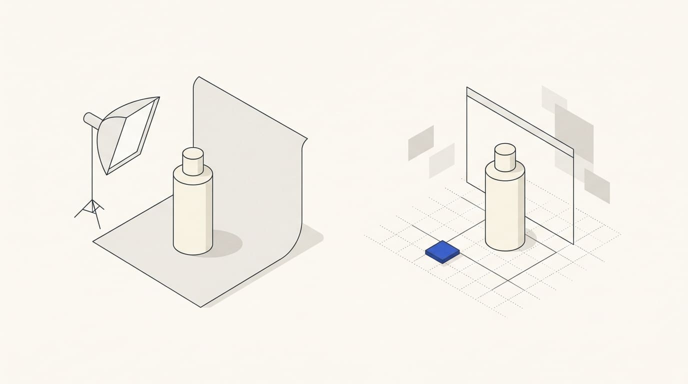 The same product bottle in a lit studio setup and in a frame with a geometric image-building grid.