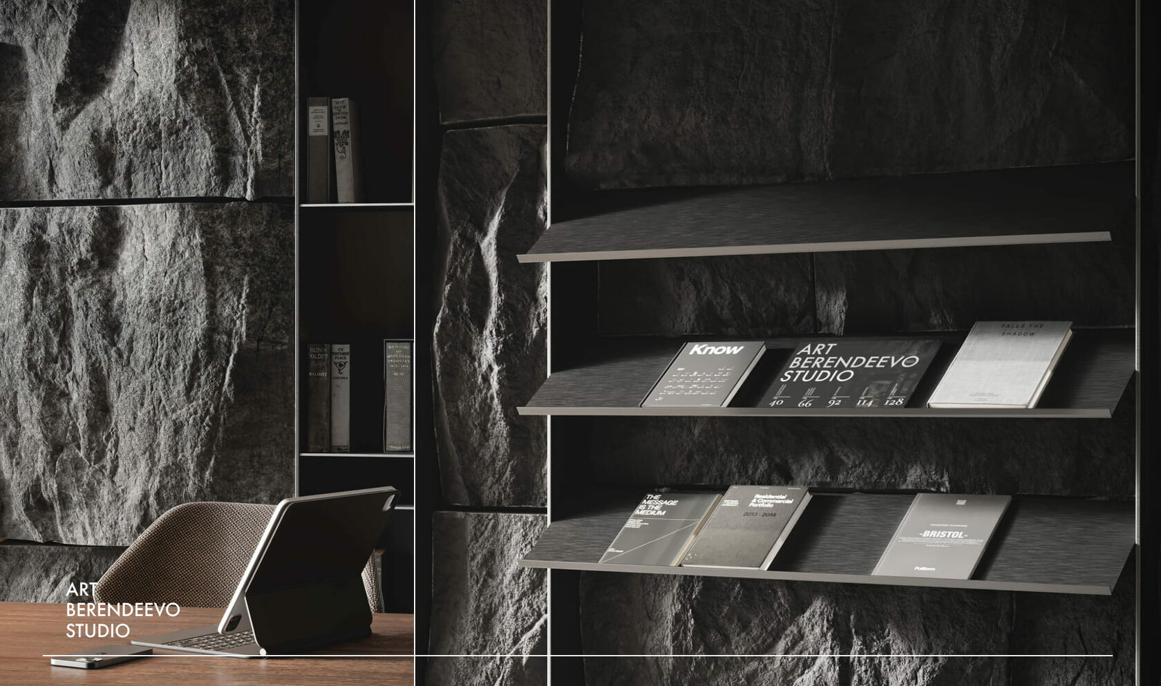 Визуализация интерьера кабинета с отделкой декоративными скалами из арт бетона