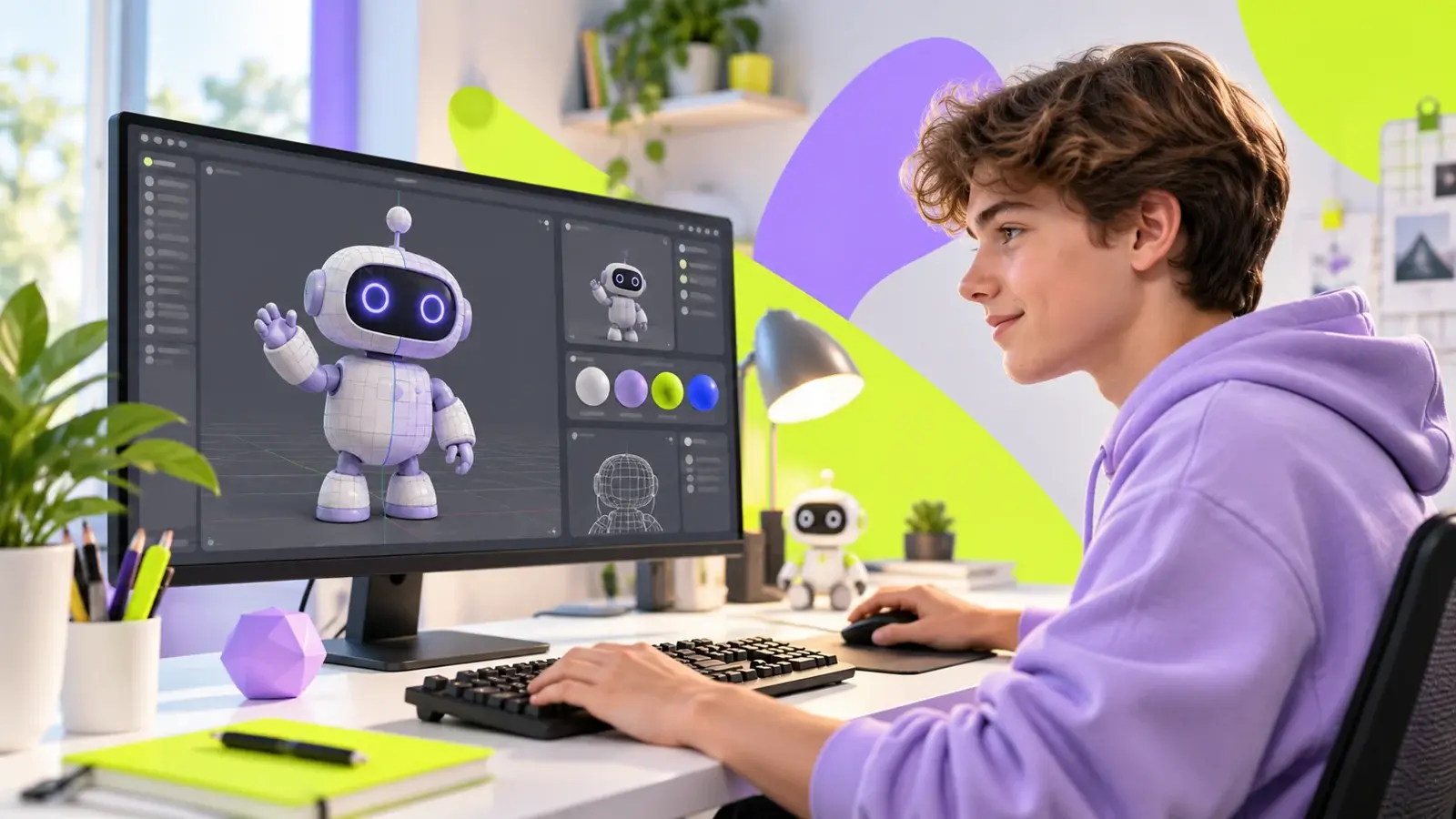 Подросток моделирует дружелюбного робота в программе для 3D графики