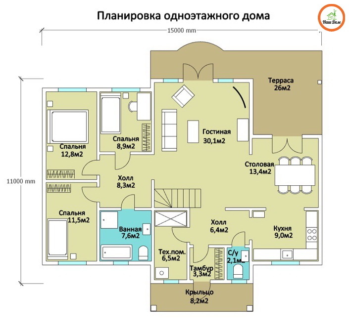 Проекты одноэтажных домов с террасой до 120 и 3 спальнями с террасой