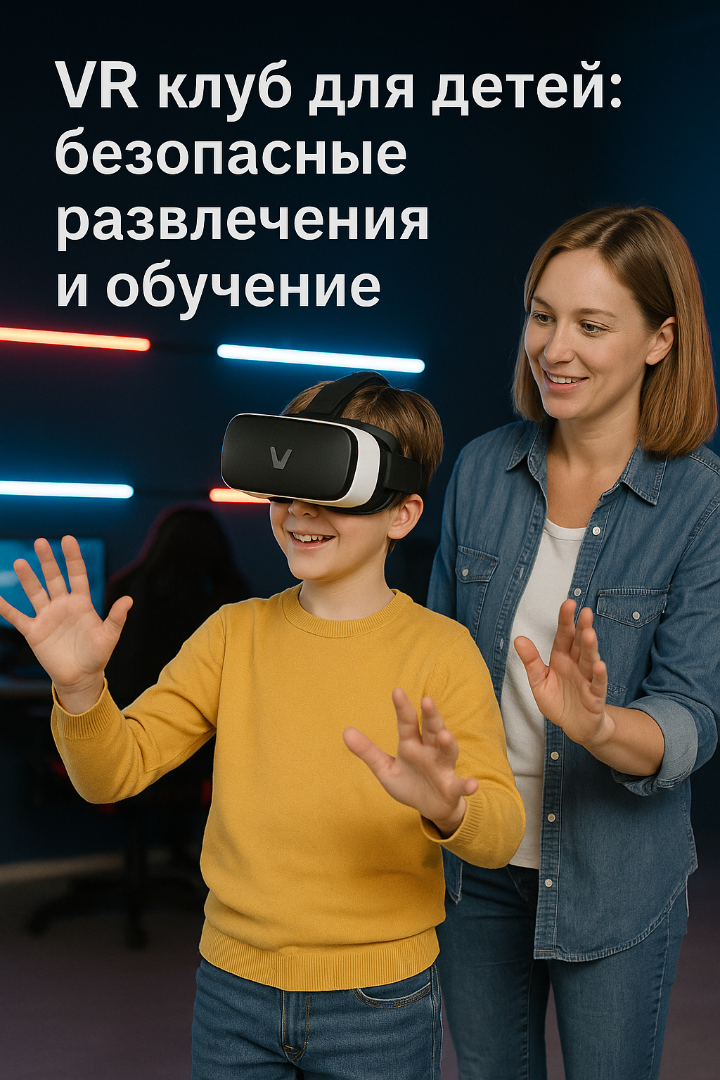 Дети играют в безопасные VR-игры в детском клубе виртуальной реальности