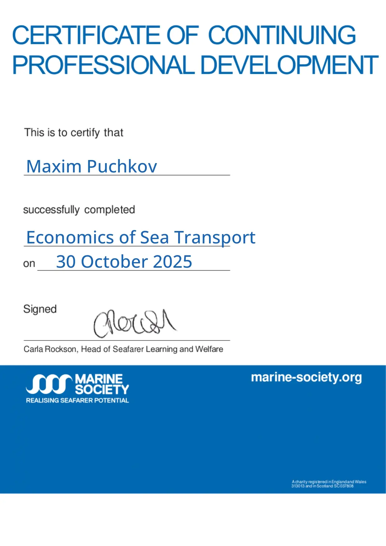 Economics of sea transport proffesional certificate