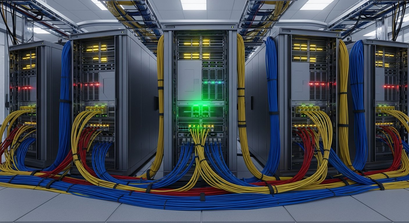 Архитектура кластера Windows Server с несколькими серверными узлами, соединенными сетевыми кабелями, один сервер выделен как активный, другие в режиме ожидания.